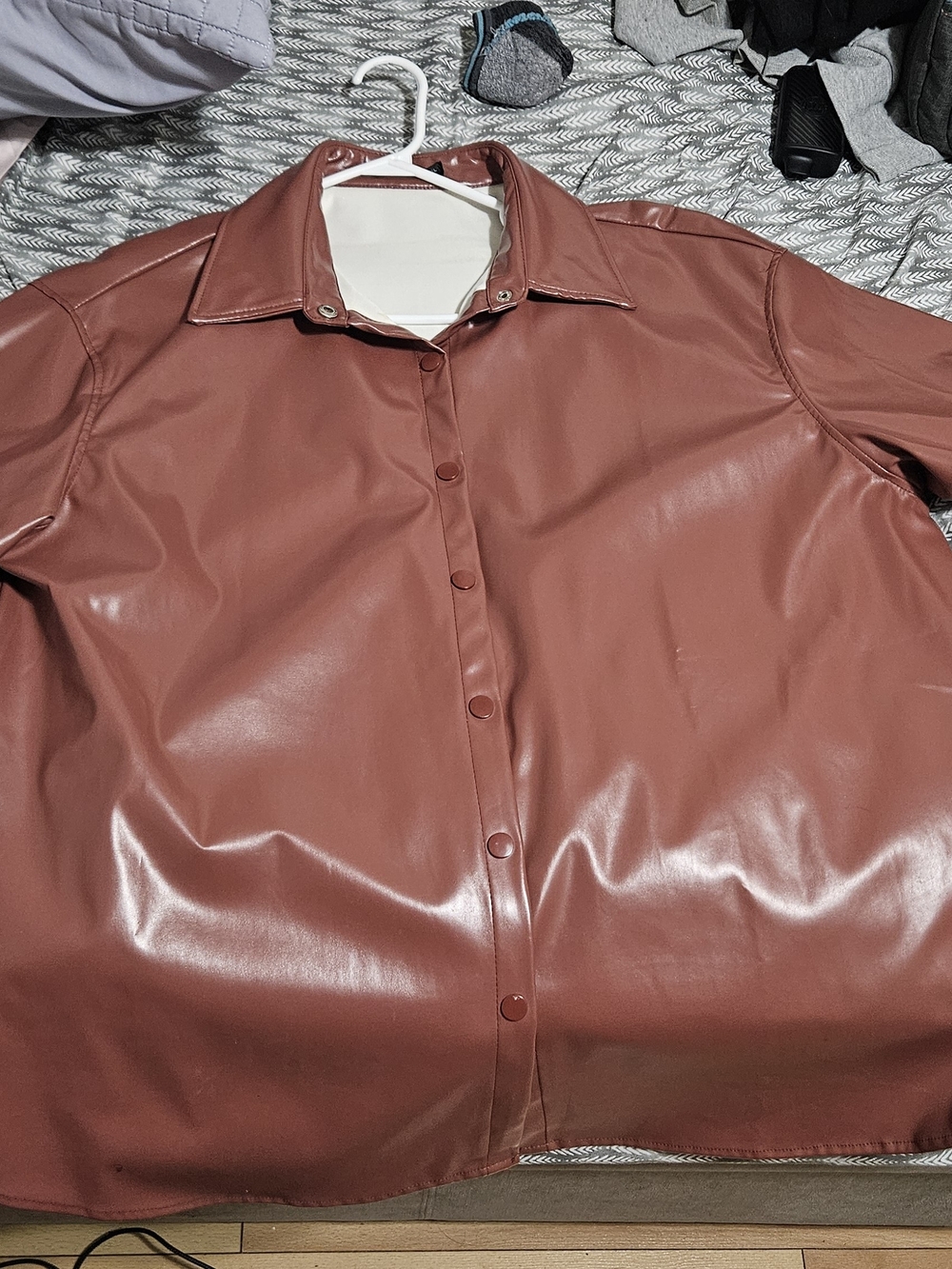 SHEIN Woman's Faux Leather Button-Down Shirt Jacket in Rust Brown